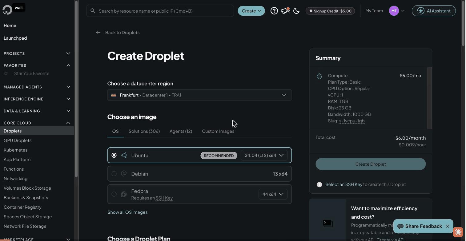 DigitalOcean create droplet: region and Ubuntu 24.04 image selected
