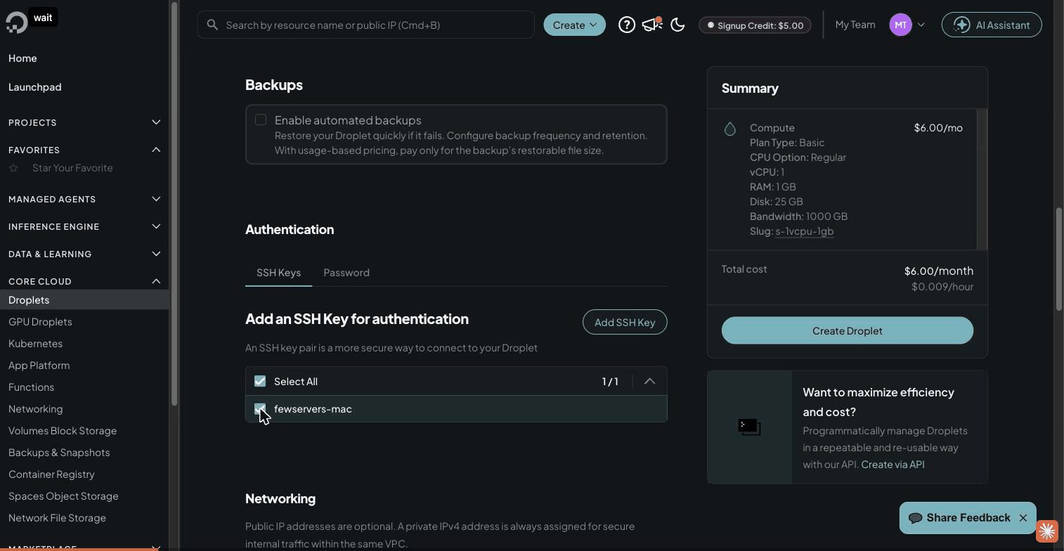 SSH key selected for authentication