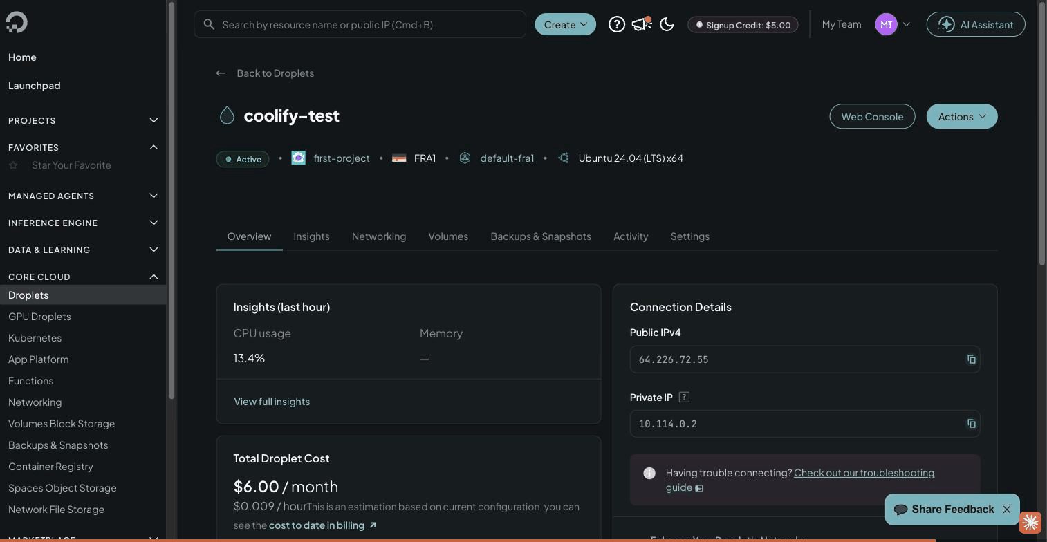 Droplet active with public IPv4 and the $6/month cost shown