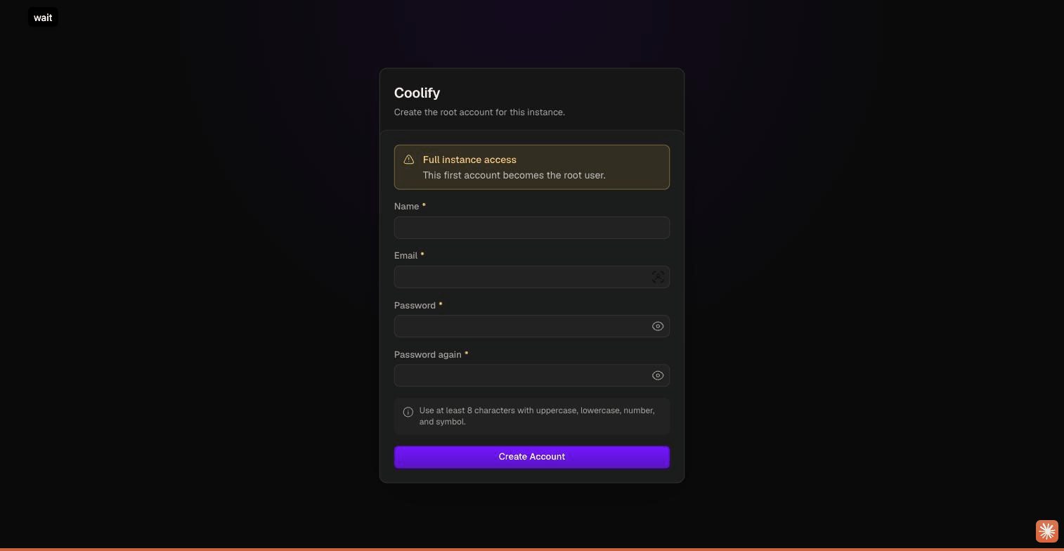 Coolify first-run screen: create the root account