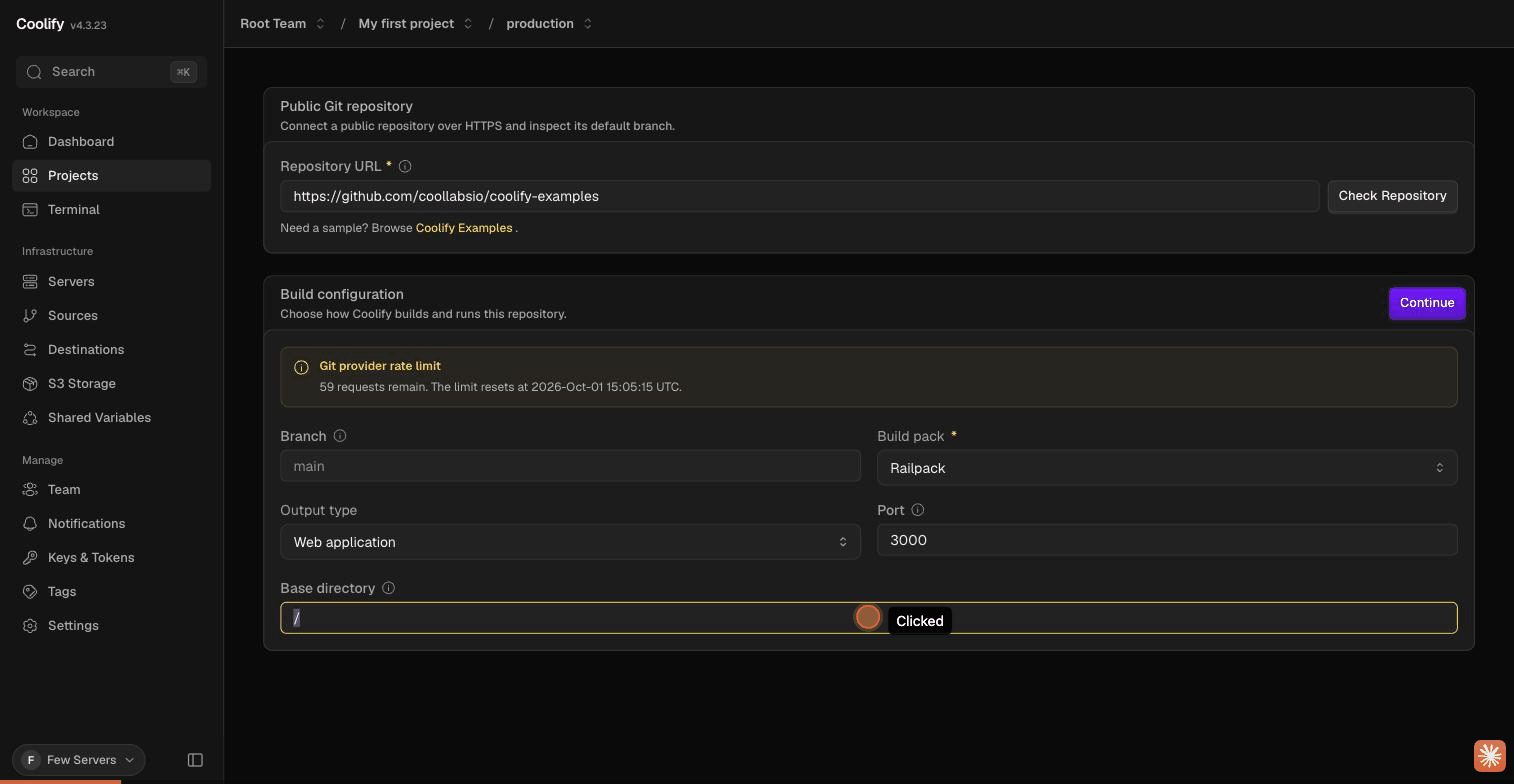 Public repository build configuration: Railpack, port 3000, base directory