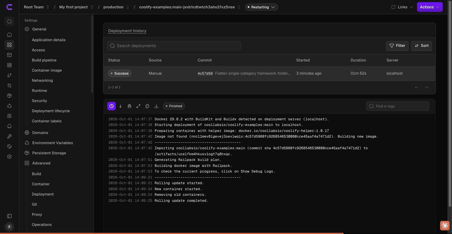 Deployment log: BuildKit detected, helper image pulled, Railpack build plan generated