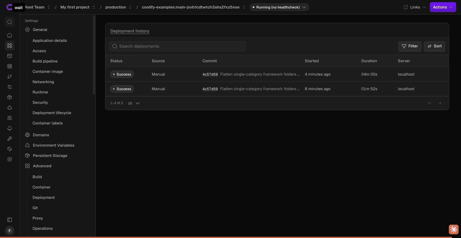 Deployment history: two successful deployments