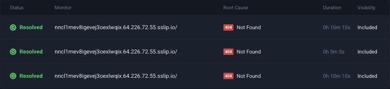 UptimeRobot's incident list: three resolved 404 incidents lasting 10m 10s, 5m 5s and 10m 10s